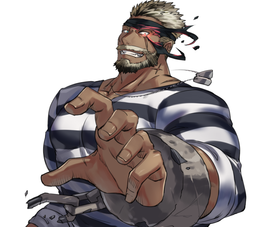 1boy asutarou balor_(tokyo_houkago_summoners) bara beard black_hair blue_eyes chest cuffs facial_hair glowing glowing_eye looking_at_viewer male_focus multicolored_hair muscle pectorals prison_clothes scar shirt solo teeth tokyo_houkago_summoners