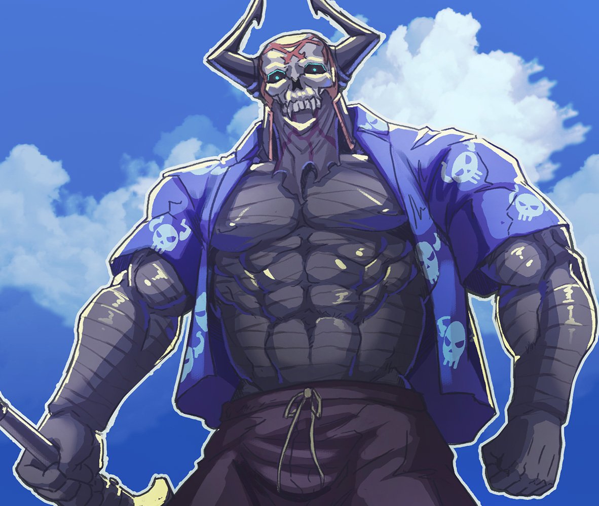 1boy abs alternate_costume armor bara chest cloud cloudy_sky fate/grand_order fate_(series) glowing glowing_eyes horns king_hassan_(fate/grand_order) lander_(randa) male_focus male_swimwear muscle nipples open_clothes open_shirt outdoors skull skull_mask sky solo summer swim_trunks swimwear