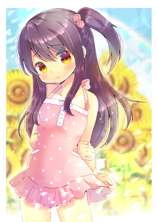 1girl adachi_tenka bangs bare_arms bare_shoulders black_hair blurry blurry_background blush breasts closed_mouth commission depth_of_field dress eyebrows_visible_through_hair flower frilled_dress frills hair_between_eyes hair_cubes hair_ornament kouu_hiyoyo long_hair looking_at_viewer one_side_up pink_dress polka_dot polka_dot_dress red_eyes shoujo_ramune sidelocks sleeveless sleeveless_dress small_breasts solo sunflower very_long_hair yellow_flower