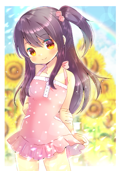 1girl adachi_tenka bangs bare_arms bare_shoulders black_hair blurry blurry_background blush breasts closed_mouth commentary_request commission depth_of_field dress eyebrows_visible_through_hair flower frilled_dress frills hair_between_eyes hair_cubes hair_ornament kouu_hiyoyo long_hair looking_at_viewer one_side_up pink_dress polka_dot polka_dot_dress red_eyes shoujo_ramune sidelocks sleeveless sleeveless_dress small_breasts smile solo sunflower very_long_hair yellow_flower