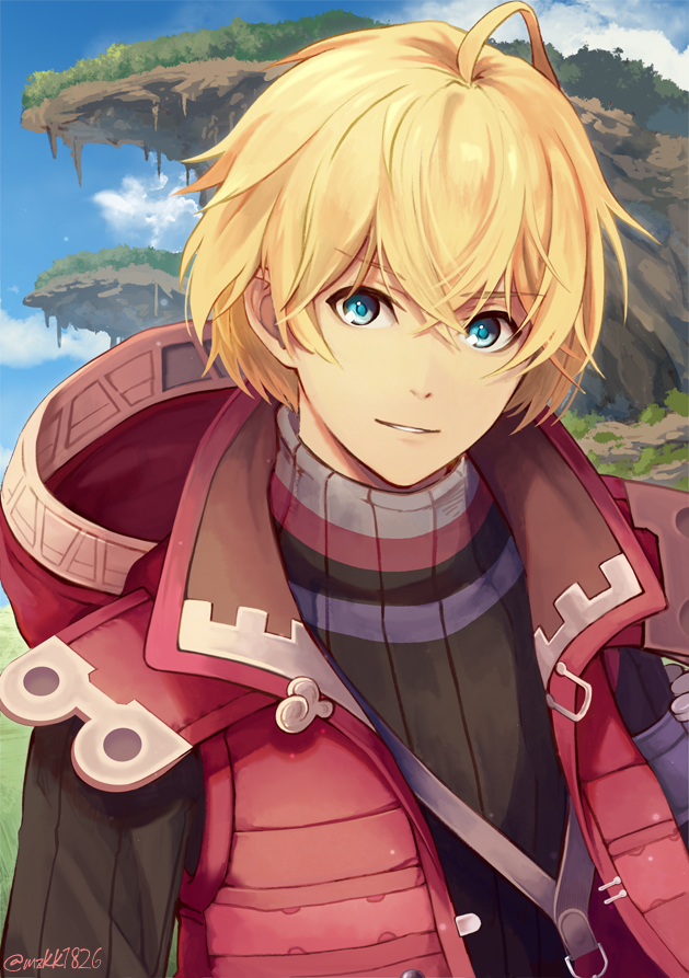 1boy ahoge blonde_hair blue_eyes day eyebrows_visible_through_hair hood hood_down lanyard looking_at_viewer male_focus mzkk_1826 outdoors red_vest ribbed_sweater shulk smile sweater twitter_username vest xenoblade_(series) xenoblade_1