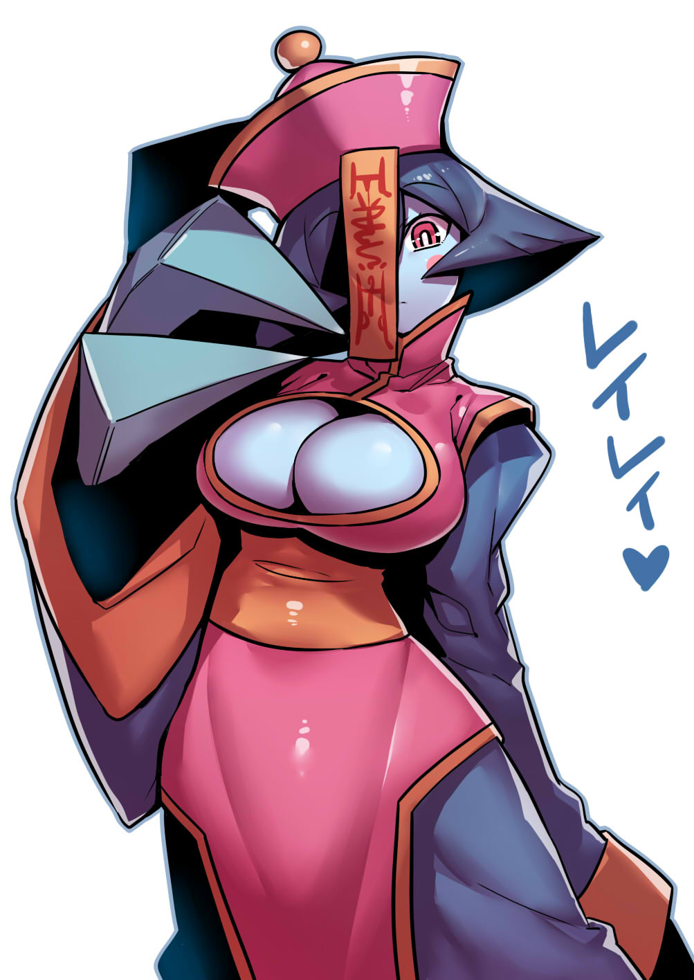 1girl blue_hair blue_skin blush_stickers breasts chinese_clothes claws cleavage cleavage_cutout closed_mouth eyebrows_visible_through_hair flipped_hair hat highres jiangshi large_breasts lei_lei looking_at_viewer ofuda qing_guanmao red_eyes short_hair simple_background solo tsuki_wani vampire_(game) white_background wide_sleeves