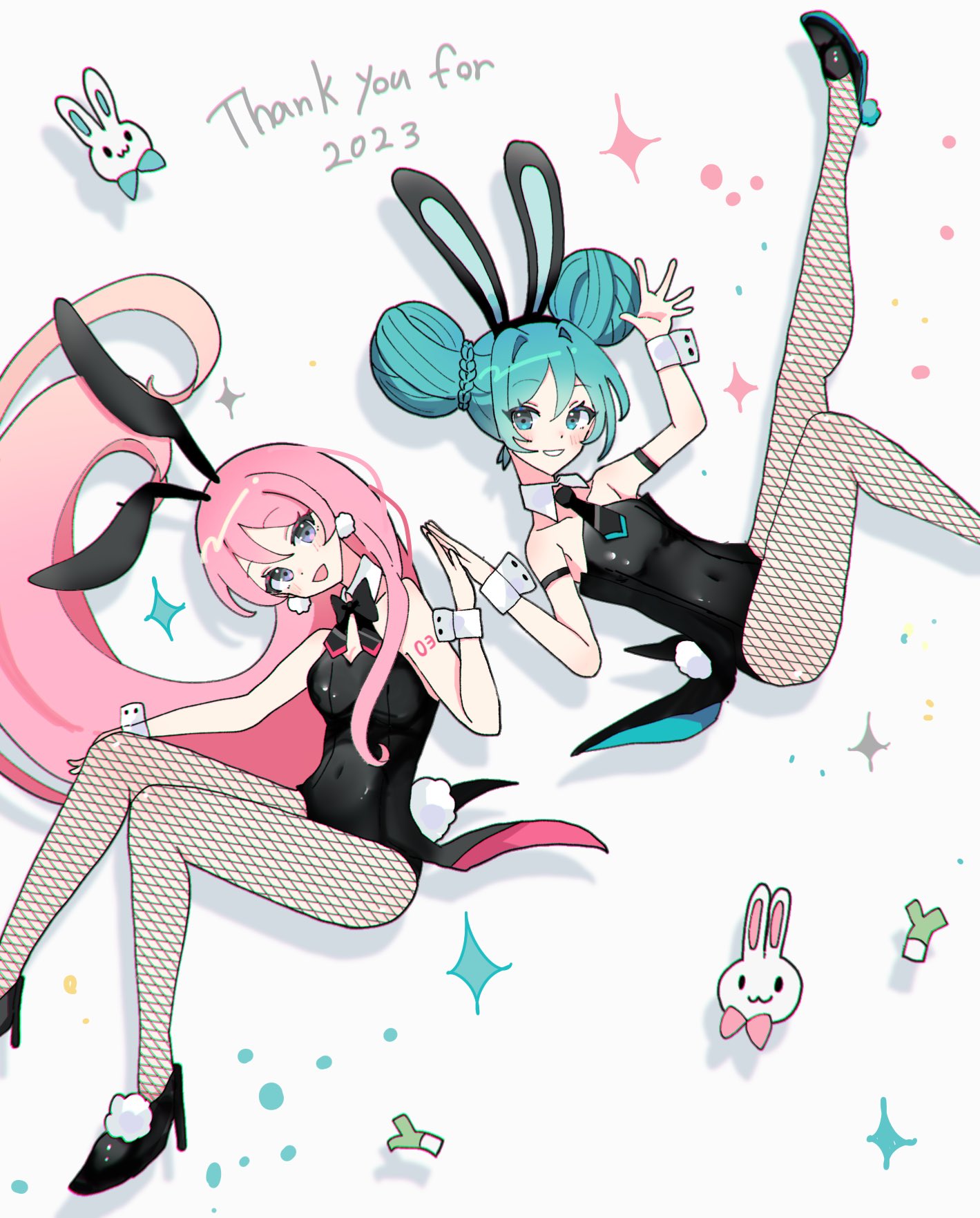 2023 2girls :d animal_ears arm_strap black_footwear black_leotard black_necktie blue_eyes blue_hair blush detached_collar dot_nose double_bun earrings fake_animal_ears fake_tail fishnet_pantyhose fishnets foot_out_of_frame foot_up from_above grin hair_between_eyes hair_bun hatsune_miku high_heels highres holding_hands jewelry knees_together_feet_apart leotard long_hair looking_at_viewer lying megurine_luka minaduki_0318 multiple_girls necktie on_side open_hand open_mouth pantyhose pink_hair playboy_bunny pom_pom_(clothes) pom_pom_earrings purple_eyes rabbit_ears rabbit_tail short_hair sidelocks smile sparkle tail thank_you vocaloid white_wrist_cuffs