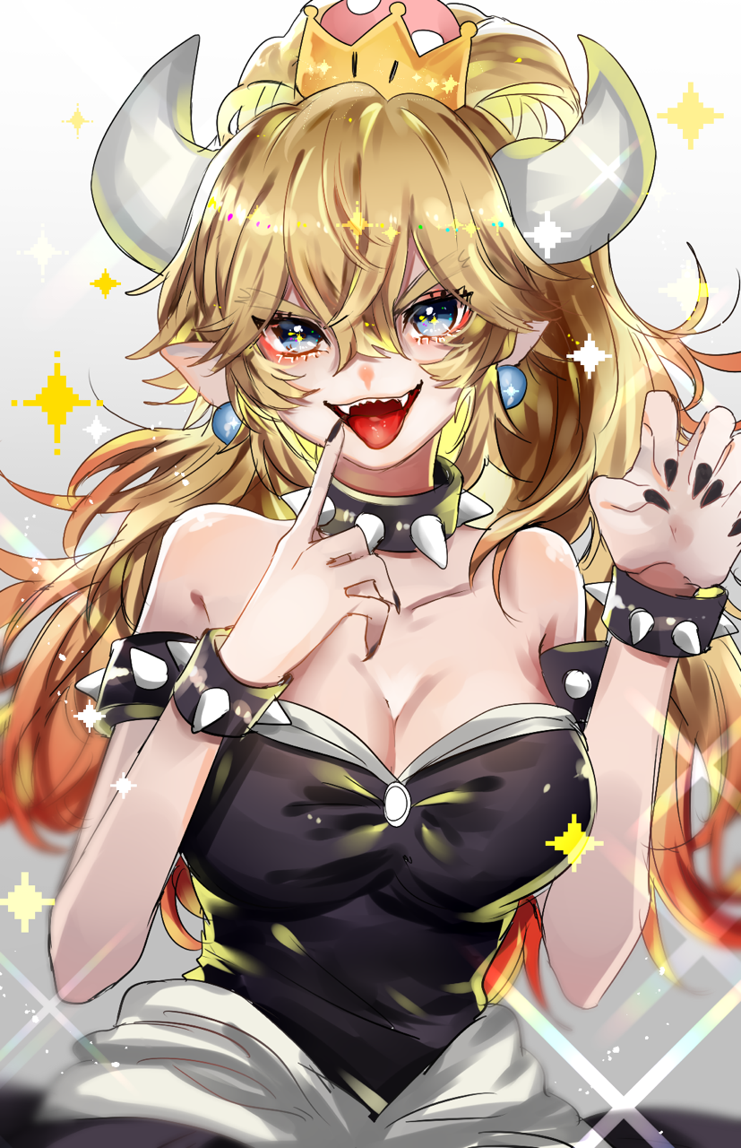 1girl armlet bare_arms black_bracelet black_choker black_dress black_nails blonde_hair bowsette bracelet breasts choker claw_pose cleavage collarbone colored_tips commentary dress earrings eyelashes fangs finger_to_mouth fingernails gradient_background grey_background grey_eyes high_ponytail highres horns jewelry large_breasts light_blush long_hair looking_at_viewer mario_(series) multicolored_hair new_super_mario_bros._u_deluxe open_mouth pointy_ears red_hair sharp_fingernails sharp_teeth smile solo sparkle sphere_earrings spiked_armlet spiked_bracelet spiked_choker spikes strapless strapless_dress super_crown suzune_hapinesu symbol-only_commentary teeth upper_body upper_teeth_only v-shaped_eyebrows white_horns