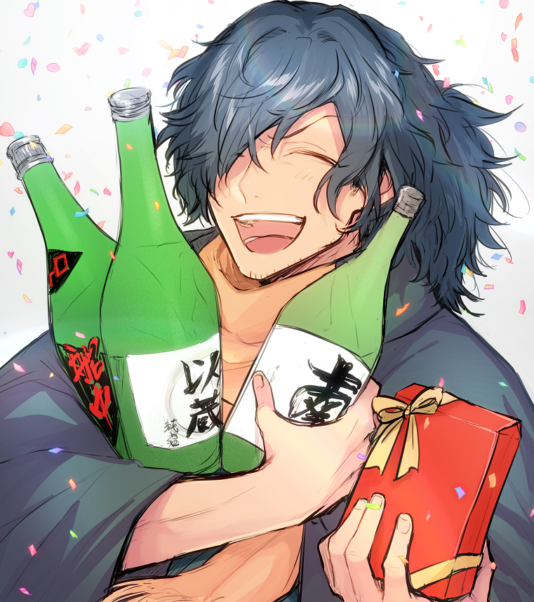 1boy black_hair black_haori bottle closed_eyes commentary confetti dragon_uppercut facing_ahead fate/grand_order fate/type_redline fate_(series) gift goatee_stubble hair_over_one_eye hands_up holding holding_bottle holding_gift koha-ace light_blush long_sleeves male_focus medium_hair okada_izou_(fate) one_eye_covered open_mouth orange_scarf ponytail sake_bottle scarf smile solo symbol-only_commentary teeth white_background wide_sleeves yuta_arata