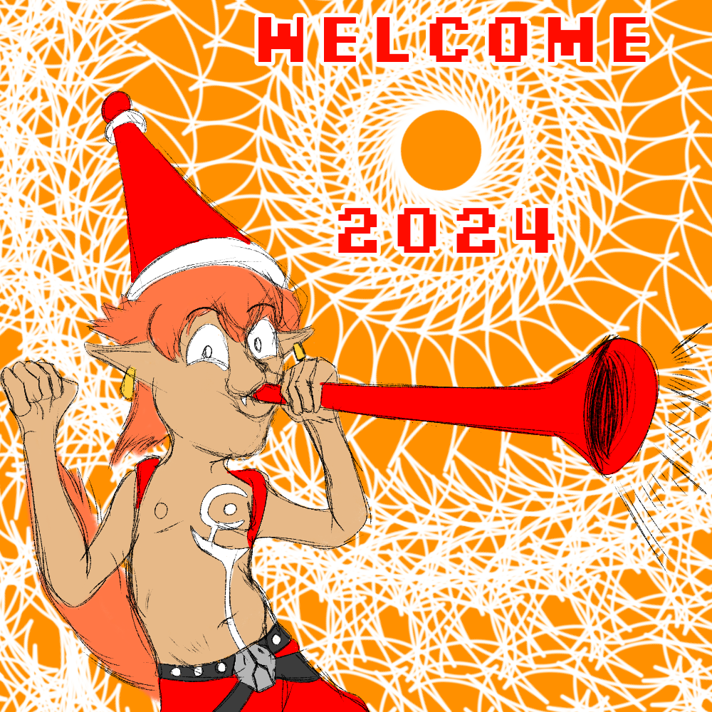 2024 abstract_background anthro bandai_namco belt brass_instrument celebration clothing digimon digimon_(species) digital_drawing_(artwork) digital_media_(artwork) digital_painting_(artwork) ear_piercing ear_ring english_text fist flamemon fur fur_markings guide_lines hair happy hat headgear headwear humanoid_pointy_ears lacasadelosdibujosua long_tail male markings musical_instrument new_year_2024 nipples orange_hair orange_tail piercing raised_arms ring_piercing sharp_teeth simple_background simple_drawing sketch smile solo tail teeth text trumpet wind_instrument