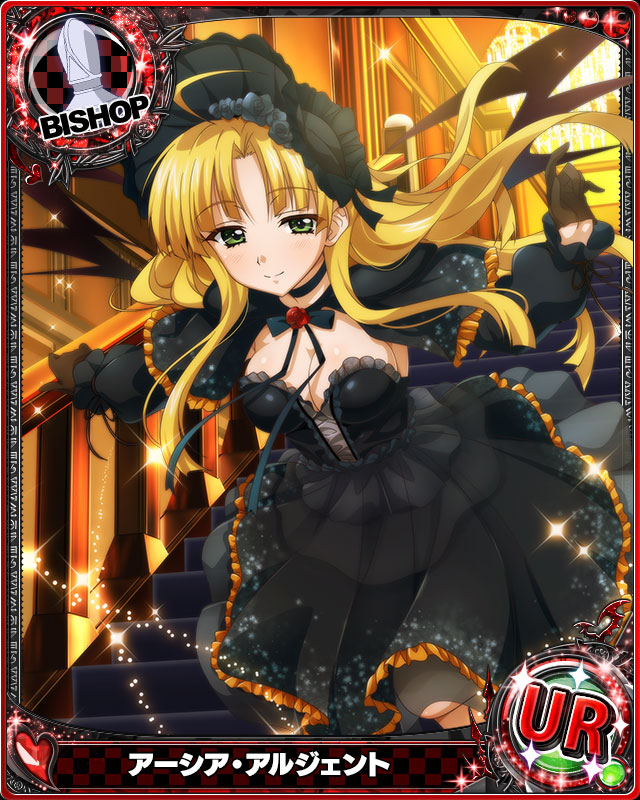 1girl ahoge asia_argento bishop_(chess) blonde_hair breasts card_(medium) chandelier character_name chess_piece choker cleavage demon_girl demon_wings dress gloves green_eyes heart high_school_dxd indoors looking_at_viewer medium_breasts official_art see-through smile solo stairs wings