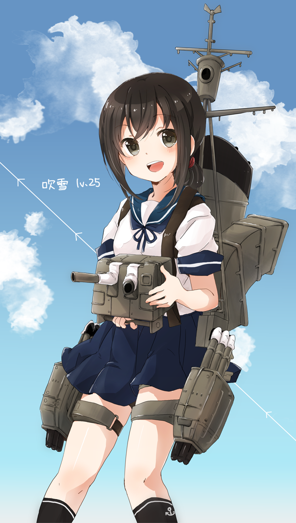 1girl adapted_turret akiho_(quinrose) bangs black_eyes black_hair black_legwear blue_sailor_collar blue_skirt blue_sky blush cannon character_name cloud eyebrows_visible_through_hair feet_out_of_frame fubuki_(kantai_collection) holding holding_turret kantai_collection looking_at_viewer low_ponytail machinery medium_hair open_mouth sailor_collar school_uniform serafuku shirt short_ponytail sidelocks skirt sky smile smokestack solo torpedo torpedo_launcher torpedo_tubes turret white_shirt