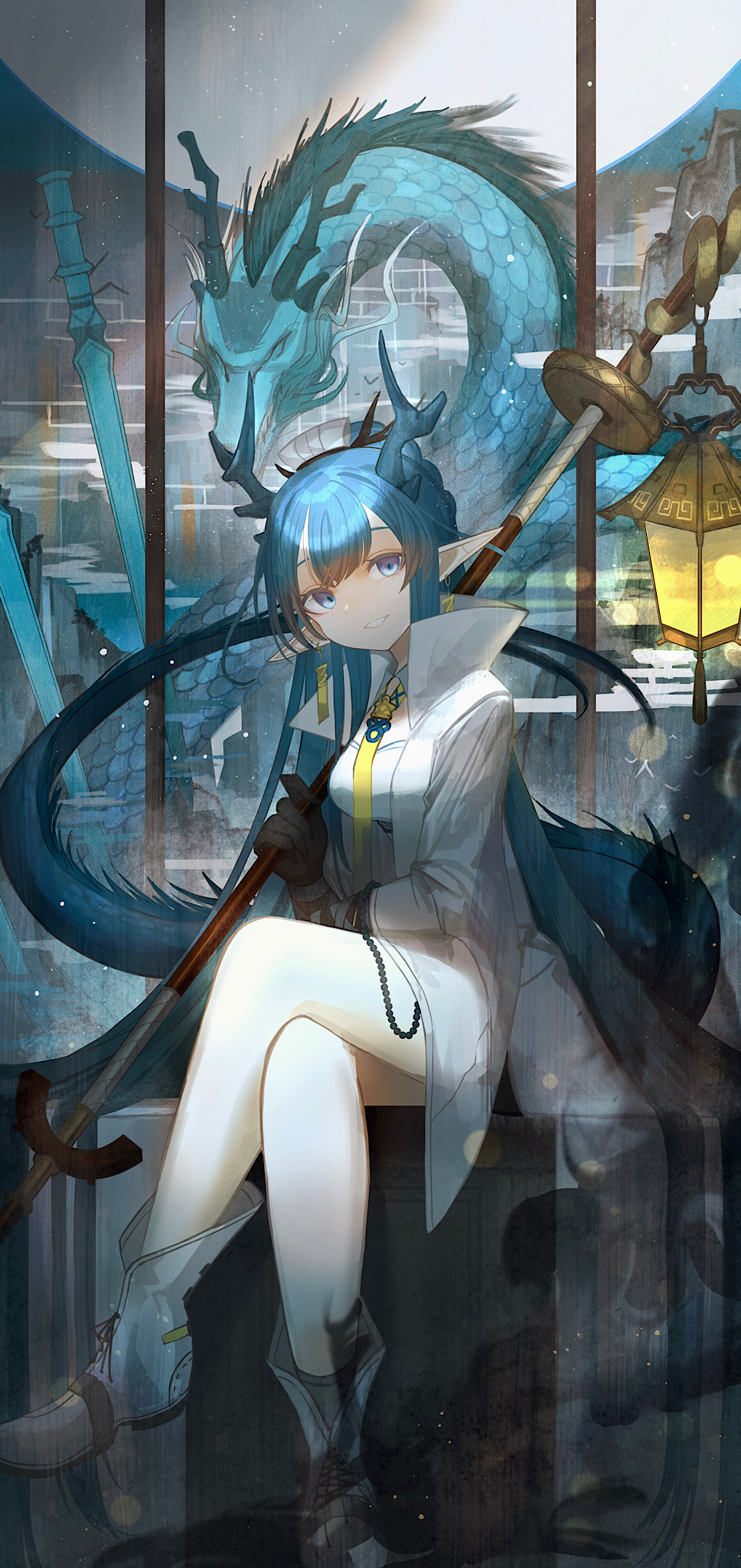 1girl a0_plnt arknights black_gloves blue_eyes blue_hair boots breasts crossed_legs dragon eastern_dragon gloves highres holding holding_pole jacket lantern ling_(arknights) long_hair looking_at_viewer necktie open_clothes open_jacket parted_lips planted planted_sword pointy_ears pole shirt sitting small_breasts smile solo sword thighs very_long_hair weapon white_footwear white_jacket white_shirt window yellow_necktie