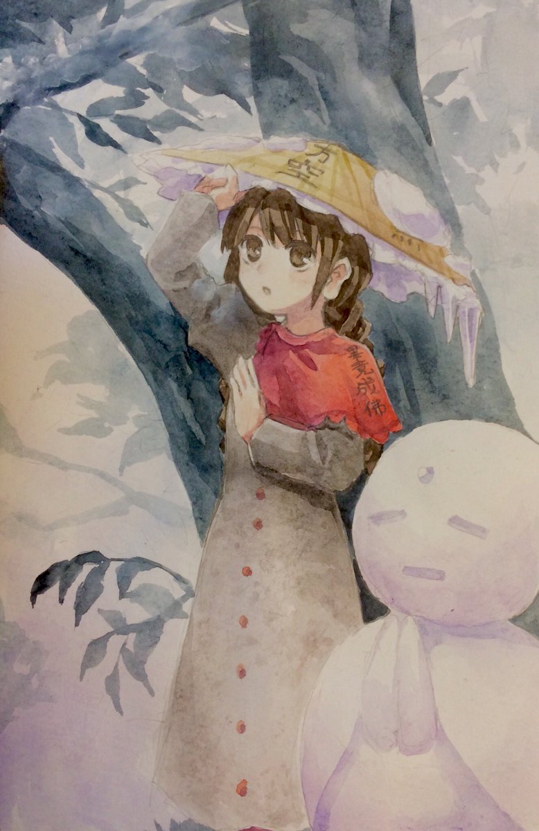 1girl ajirogasa braid brown_eyes brown_hair buttons capelet clothes_writing commentary_request dress flat_chest grey_dress hand_on_headwear hat highres jizou kaigen_1025 long_dress long_hair long_sleeves painting_(medium) red_capelet snow solo touhou traditional_media tree twin_braids watercolor_(medium) yatadera_narumi