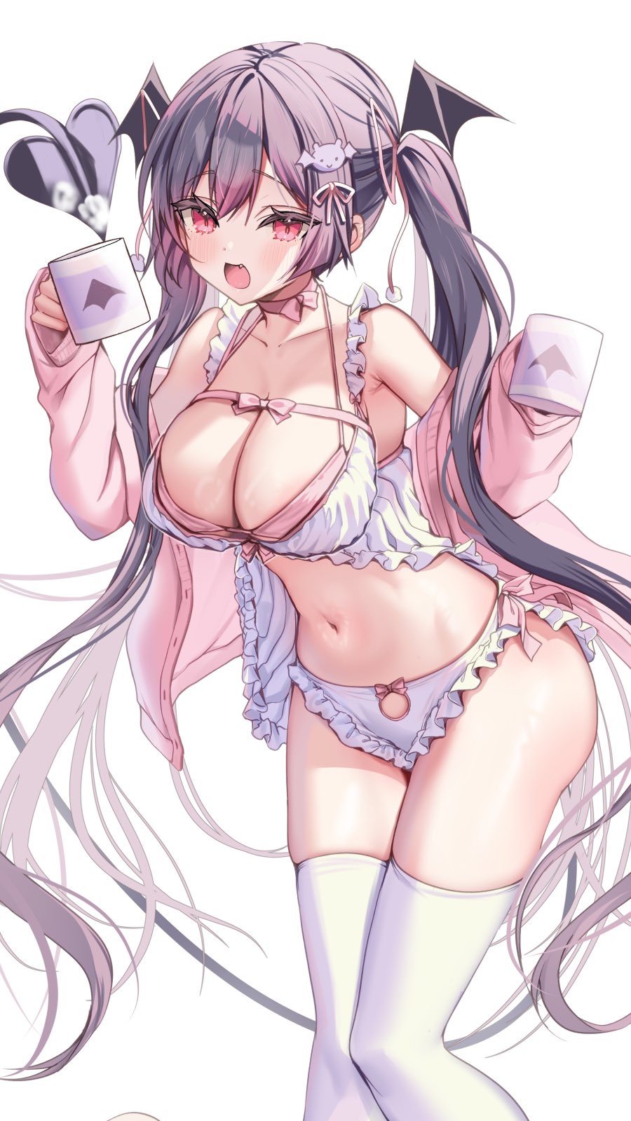 1girl ayuma_sayu black_hair breasts cleavage cup demon_tail fang head_wings highres holding holding_cup large_breasts leaning_forward long_hair long_sleeves looking_at_viewer mug navel off_shoulder original pink_eyes riasu-chan_(ayuma_sayu) simple_background solo tail thighhighs twintails white_background white_thighhighs wings