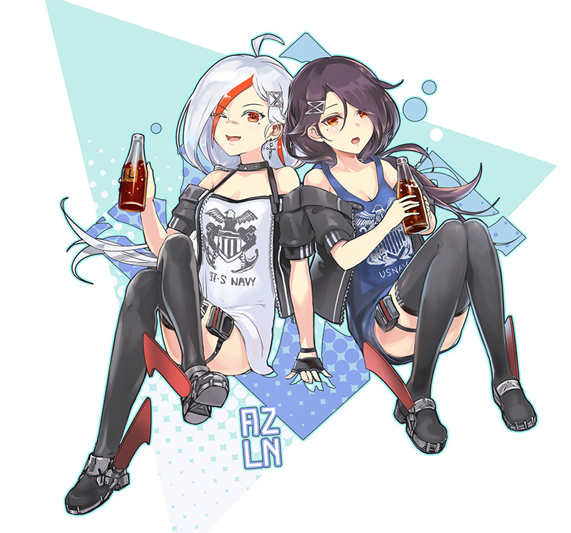 2girls ;d ahoge arm_support azur_lane bandaid bandaid_on_nose bangs bare_shoulders black_collar black_gloves black_hair black_jacket black_legwear blue_background blue_tank_top bottle breasts cassin_(azur_lane) cleavage clothes_writing collar collarbone commentary_request crossed_legs downes_(azur_lane) earrings eyebrows_visible_through_hair fingerless_gloves full_body gloves hair_between_eyes hair_ornament hairclip halftone halftone_background holding holding_bottle jacket jewelry knees_together_feet_apart komamitsu long_hair looking_at_viewer low_ponytail mole mole_under_eye multicolored_hair multiple_girls off-shoulder_jacket one_eye_closed open_mouth ponytail red_eyes retrofit_(azur_lane) rudder_footwear shirt short_sleeves sidelocks sitting sleeveless sleeveless_shirt small_breasts smile soda_bottle tank_top thigh_strap thighhighs united_states_navy white_background white_hair white_shirt yellow_eyes