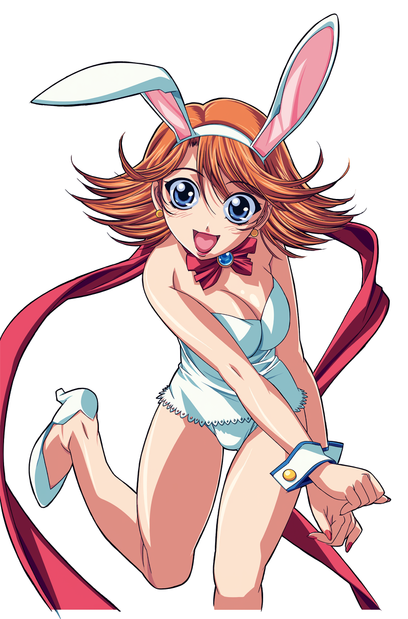 animal_ears blue_eyes bow bowtie breasts cleavage comic_colorful_bee earrings fake_animal_ears flipped_hair gotou_keiji high_heels highres jewelry large_breasts leotard looking_at_viewer medium_hair non-web_source open_mouth orange_hair photoshop_(medium) rabbit_ears red_nails red_scarf scarf simple_background standing standing_on_one_leg strapless strapless_leotard v_arms white_background white_footwear white_leotard wrist_cuffs