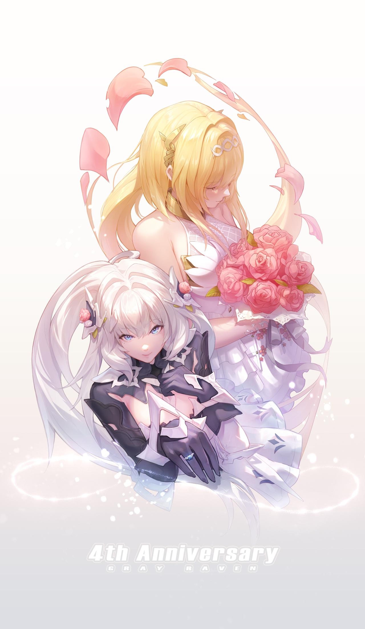 2girls anniversary armpit_crease bianca:_stigmata_(snow_petals)_(punishing:_gray_raven) bianca:_veritas_(pact_of_zero)_(punishing:_gray_raven) bianca_(punishing:_gray_raven) black_gloves blonde_hair blue_eyes blue_gemstone bouquet chinese_commentary chun_plus circlet cleavage_cutout closed_eyes clothing_cutout commentary copyright_name dress dual_persona fishnet_fabric flower gem gloves gradient_background hair_intakes hair_ornament highres holding holding_bouquet jewelry long_hair looking_at_viewer mole mole_under_eye multiple_girls official_alternate_costume pink_flower pink_petals pink_rose ponytail punishing:_gray_raven ring rose shrug_(clothing) upper_body very_long_hair wedding_ring white_dress white_hair