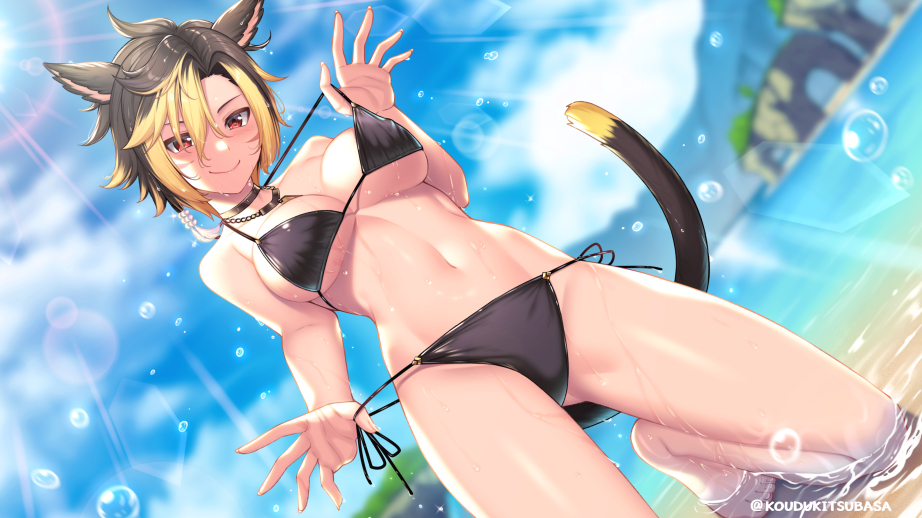 1girl animal_ears ass_visible_through_thighs barefoot bikini bikini_pull black_bikini blurry breasts cat_tail closed_mouth clothes_pull commission depth_of_field final_fantasy final_fantasy_xiv hair_between_eyes kneeling kouzuki_tsubasa_(musou_kaidou) looking_at_viewer medium_breasts midriff miqo'te multicolored_hair multiple_necklaces navel ocean pulled_by_self red_eyes skeb_commission smile solo splashing string_bikini swimsuit tail toned two-tone_hair warrior_of_light_(ff14) wet wet_clothes wet_swimsuit