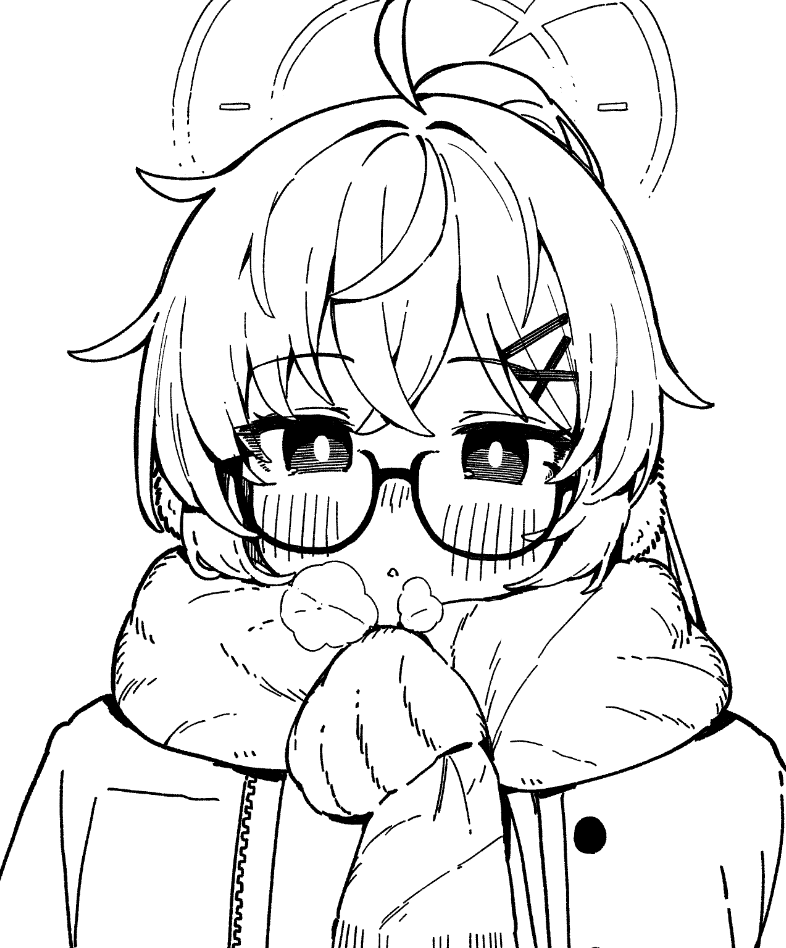 1girl :o ahoge blue_archive blush breath commentary_request fringe_trim glasses greyscale hair_between_eyes hair_ornament hairclip halo jacket kotama_(blue_archive) looking_at_viewer monochrome open_clothes open_jacket parted_lips scarf semi-rimless_eyewear seramikku simple_background solo under-rim_eyewear upper_body white_background x_hair_ornament