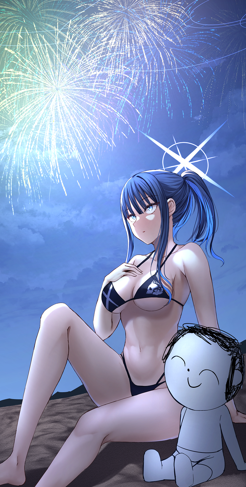 1boy 1girl aerial_fireworks bare_arms bare_legs bare_shoulders barefoot bikini black_bikini black_hair blue_archive blue_eyes blue_hair blue_halo breasts closed_mouth colored_inner_hair doodle_sensei_(blue_archive) fireworks halo highres long_hair medium_breasts merxkialis multicolored_hair navel night outdoors saori_(blue_archive) sensei_(blue_archive) sitting swimsuit
