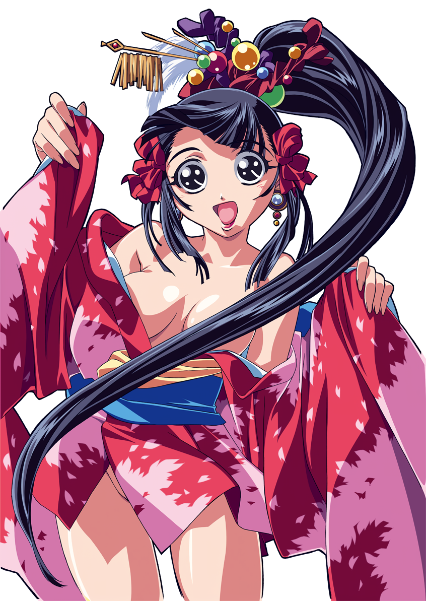 1girl bare_shoulders black_eyes black_hair blunt_bangs bow breasts comic_colorful_bee cowboy_shot earrings gotou_keiji hair_bow hair_ornament hairpin high_ponytail japanese_clothes jewelry kimono long_hair long_sleeves looking_at_viewer medium_breasts off_shoulder open_mouth photoshop_(medium) simple_background solo very_long_hair white_background wide-eyed wide_sleeves yukata