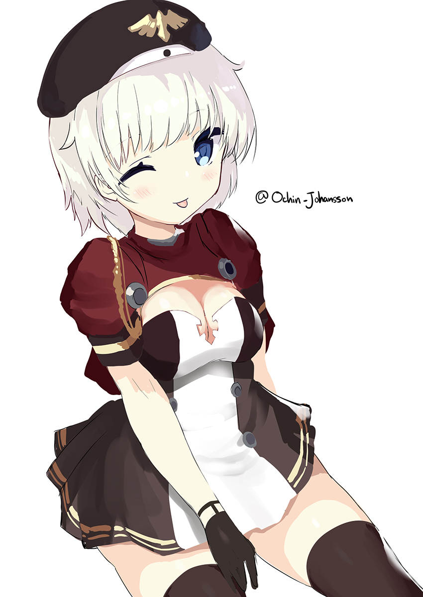 1girl ;p aiguillette azur_lane bangs beret between_legs black_gloves black_headwear black_legwear blue_eyes blush breasts cleavage commentary_request cowboy_shot dress eyebrows_behind_hair gloves hand_between_legs hat highres karlsruhe_(azur_lane) looking_at_viewer multicolored multicolored_clothes multicolored_dress ochinsama one_eye_closed short_hair short_sleeves sidelocks simple_background sitting smile solo thighhighs tongue tongue_out twitter_username white_background white_hair zettai_ryouiki