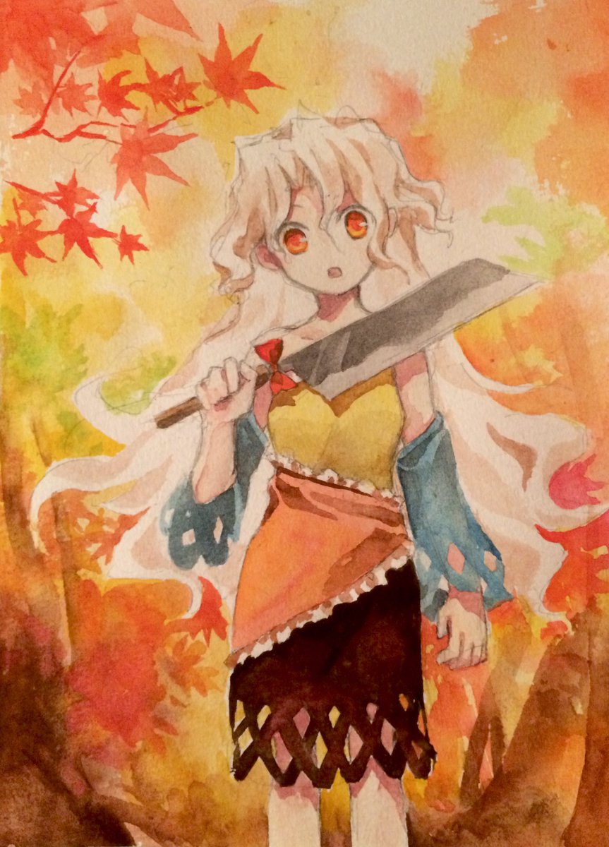 1girl autumn autumn_leaves blue_sleeves bow breasts cleaver commentary_request cowboy_shot detached_sleeves dress hashitsuki_nata head_tilt highres holding_cleaver kaigen_1025 long_hair looking_at_viewer nata_(tool) open_mouth orange_eyes painting_(medium) red_bow sakata_nemuno single-shoulder_dress small_breasts touhou traditional_media watercolor_(medium) wavy_hair white_hair