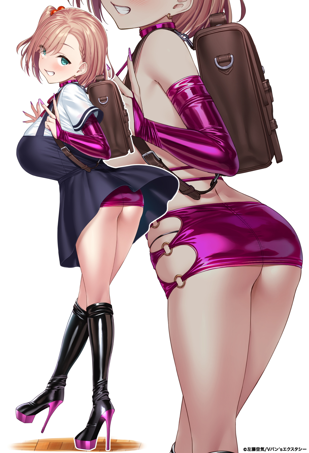 1girl aqua_eyes ass backpack bag black_footwear blush bodycon boots breasts bridal_gauntlets brown_bag character_request commentary_request copyright_request dress earrings full_body hair_bobbles hair_ornament high_heel_boots high_heels highres huge_breasts jewelry knee_boots light_brown_hair looking_at_viewer looking_back medium_hair multiple_views purple_dress purple_nails satou_kuuki shirt short_sleeves simple_background smile standing standing_on_one_leg swept_bangs teeth thighs v white_background white_shirt
