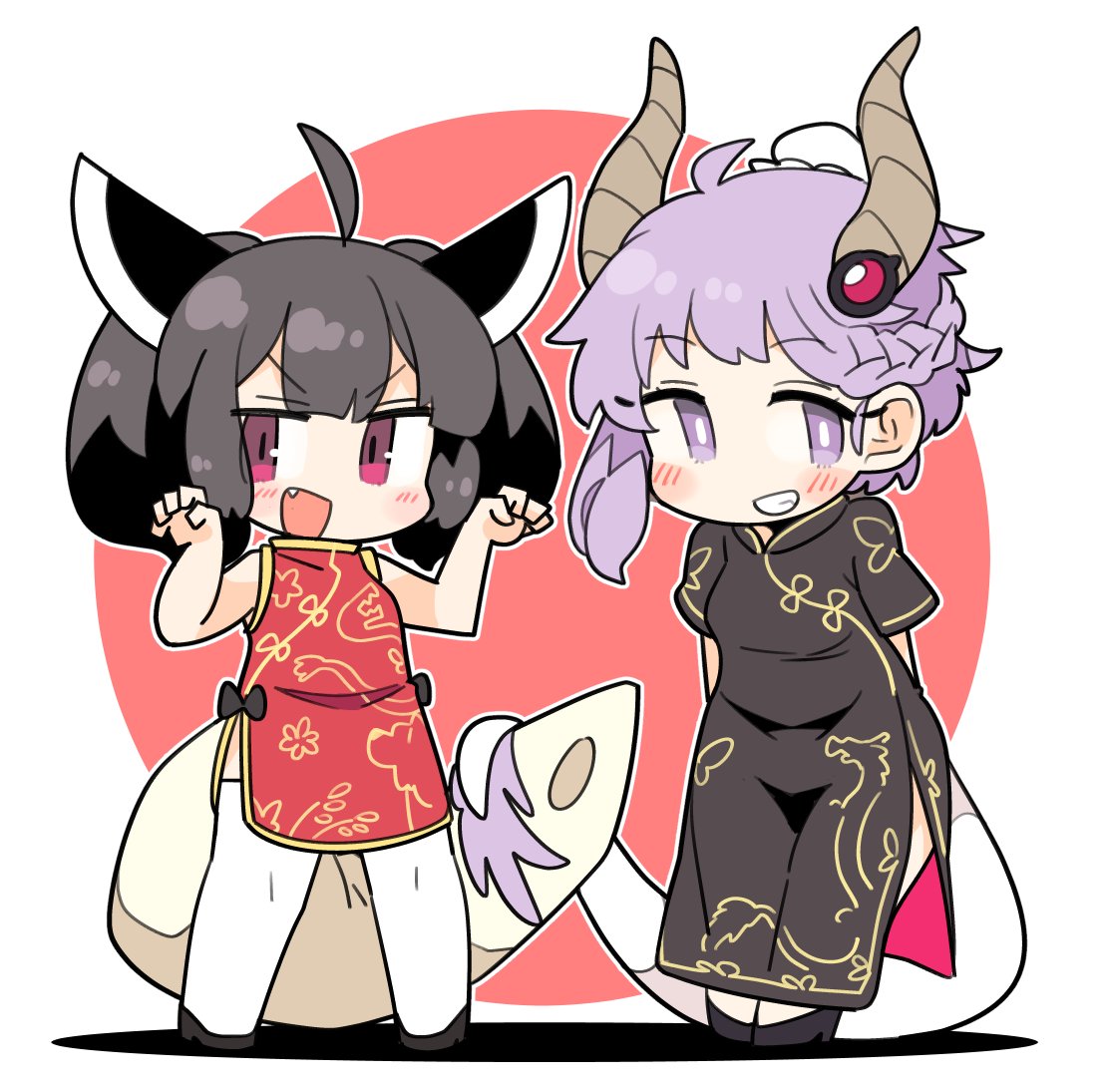 2girls ahoge alternate_costume arms_behind_back black_dress black_footwear black_hair blush braid breasts bright_pupils bun_cover cevio chibi china_dress chinese_clothes claw_pose commentary_request dragon_horns dragon_tail dress fang full_body fur-tipped_tail grin hair_bun half_updo headgear high_heels horns ini_(inunabe00) jitome kiritanpo_(food) looking_at_viewer medium_breasts multiple_girls purple_eyes red_background red_dress red_eyes short_dress short_sleeves side_slit single_hair_bun single_sidelock sleeveless sleeveless_dress small_breasts smile standing tail tail_wrap thighhighs touhoku_kiritan two-tone_background v-shaped_eyebrows vocaloid voiceroid white_background white_pupils white_thighhighs yuzuki_yukari yuzuki_yukari_(rei)