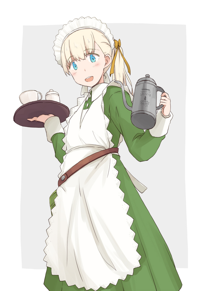 1girl :d alternate_costume apron blonde_hair blue_eyes character_name cup dress enmaided eyebrows_visible_through_hair from_below green_dress hair_ribbon holding holding_pot holding_tray kantai_collection kettle kugui_kiyunemu long_hair looking_at_viewer maid maid_apron maid_headdress open_mouth orange_ribbon pot ribbon shin'you_(kantai_collection) side_ponytail simple_background smile solo teacup tray