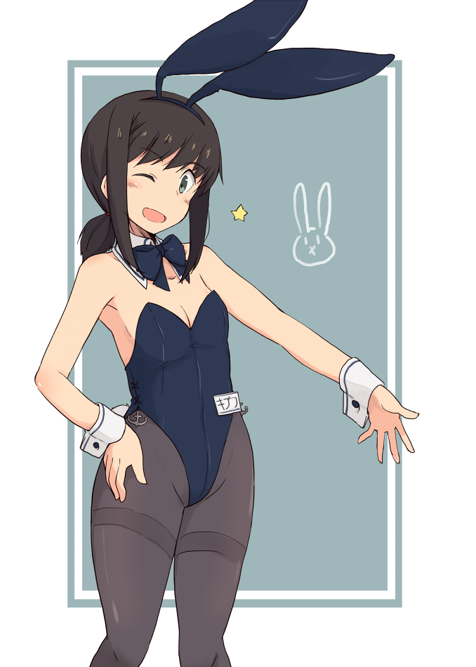 1girl ;d animal_ears badge black_eyes black_hair black_legwear blue_background blue_bow blue_leotard blue_neckwear border bow bowtie breasts bunny_ears bunny_tail bunnysuit cleavage cowboy_shot detached_collar fubuki_(kantai_collection) hand_on_hip kantai_collection kugui_kiyunemu leotard looking_at_viewer low_ponytail one_eye_closed open_mouth pantyhose ponytail short_ponytail sidelocks small_breasts smile solo standing strapless strapless_leotard tail thighband_pantyhose two-tone_background white_border wrist_cuffs