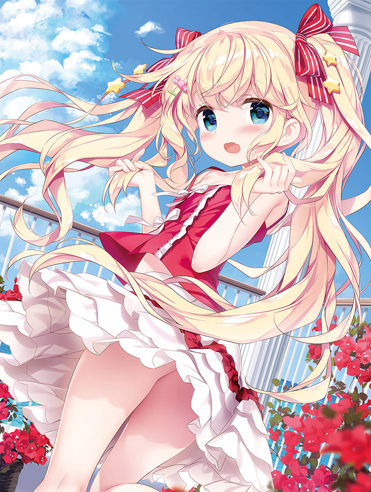 1girl blonde_hair blue_eyes blush candy_hair_ornament cloud column fang floating_hair flower food_themed_hair_ornament frilled_skirt frills hair_ornament hair_ribbon holding holding_hair kimishima_ao long_hair looking_at_viewer open_mouth original pillar red_ribbon ribbon skin_fang skirt sky solo star_(symbol) star_hair_ornament striped striped_ribbon twintails twisted_torso very_long_hair white_skirt