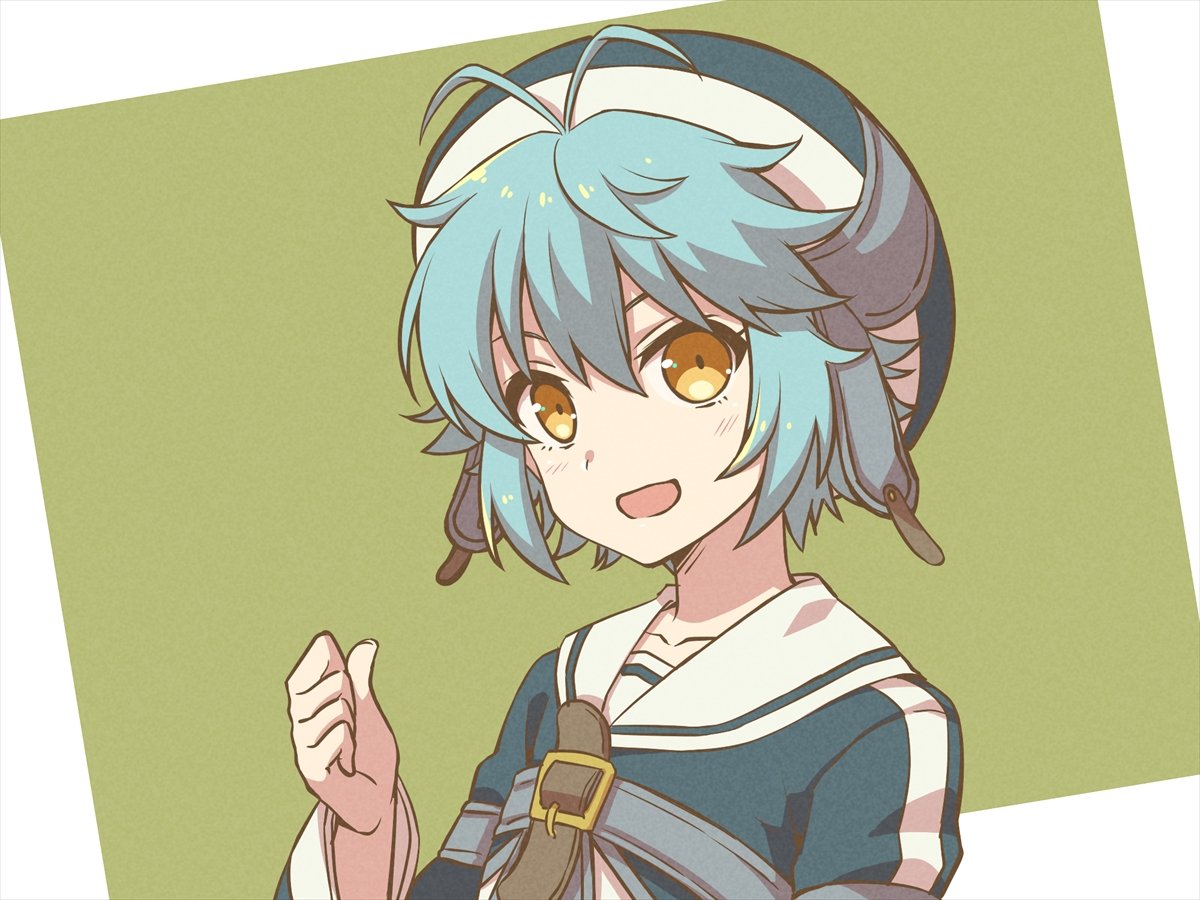 1girl :d antenna_hair blue_hair chihiro_(chihiro3399) clenched_hand commentary_request eiyuu_densetsu eyebrows_hidden_by_hair green_background hair_between_eyes hand_up light_blush looking_at_viewer millium_orion open_mouth sailor_collar sen_no_kiseki short_hair simple_background smile solo spiked_hair tareme upper_body white_sailor_collar yellow_eyes