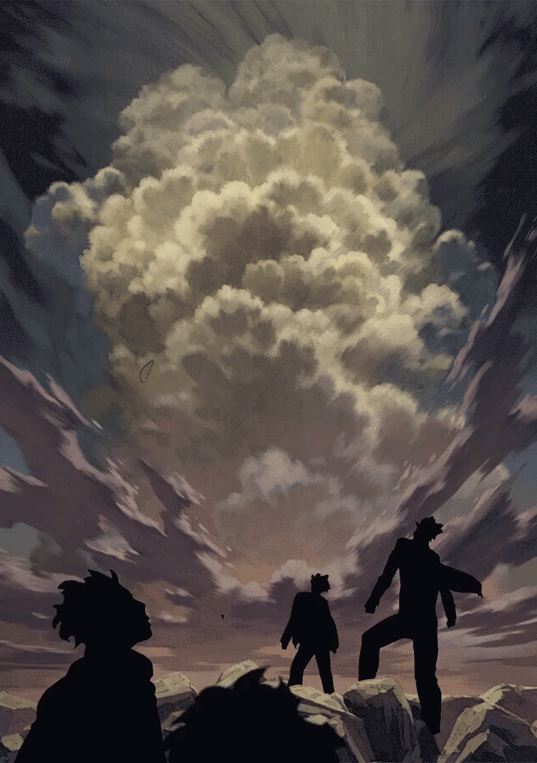 6+boys animated animated_gif battle cloud cloudy_sky commentary dust_cloud english_commentary fighting flashing garou_(one-punch_man) looking_up multiple_boys murata_yuusuke one-punch_man outdoors people ruins saitama_(one-punch_man) scenery short_hair silhouette sky standing watching