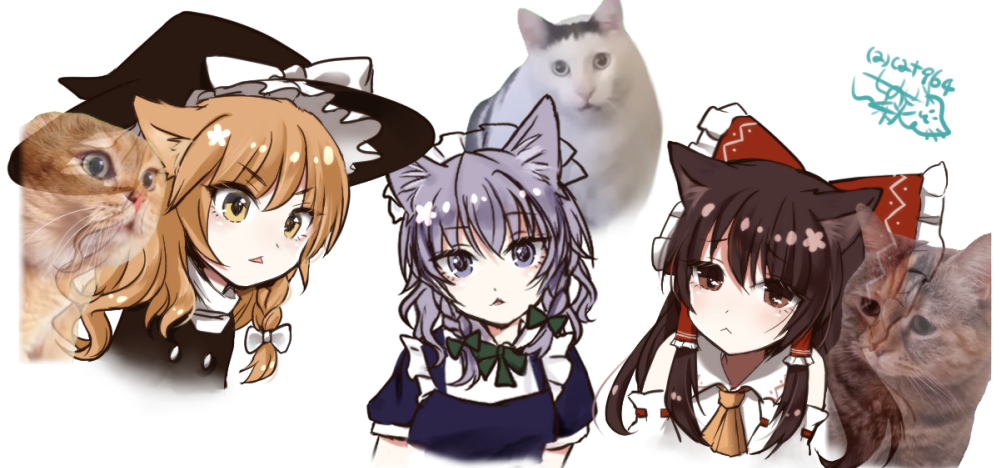 3girls animal_ears black_headwear black_jacket blonde_hair blue_dress blue_eyes blue_hair bow brown_eyes brown_hair cat cat_ears cat_tail dress hakurei_reimu huh?_cat_(meme) ichinose_aki izayoi_sakuya jacket kirisame_marisa maid meme multiple_girls photo-referenced photo_inset red_bow sad shirt surprised tail talking_cats_(meme) touhou white_background white_shirt yellow_eyes