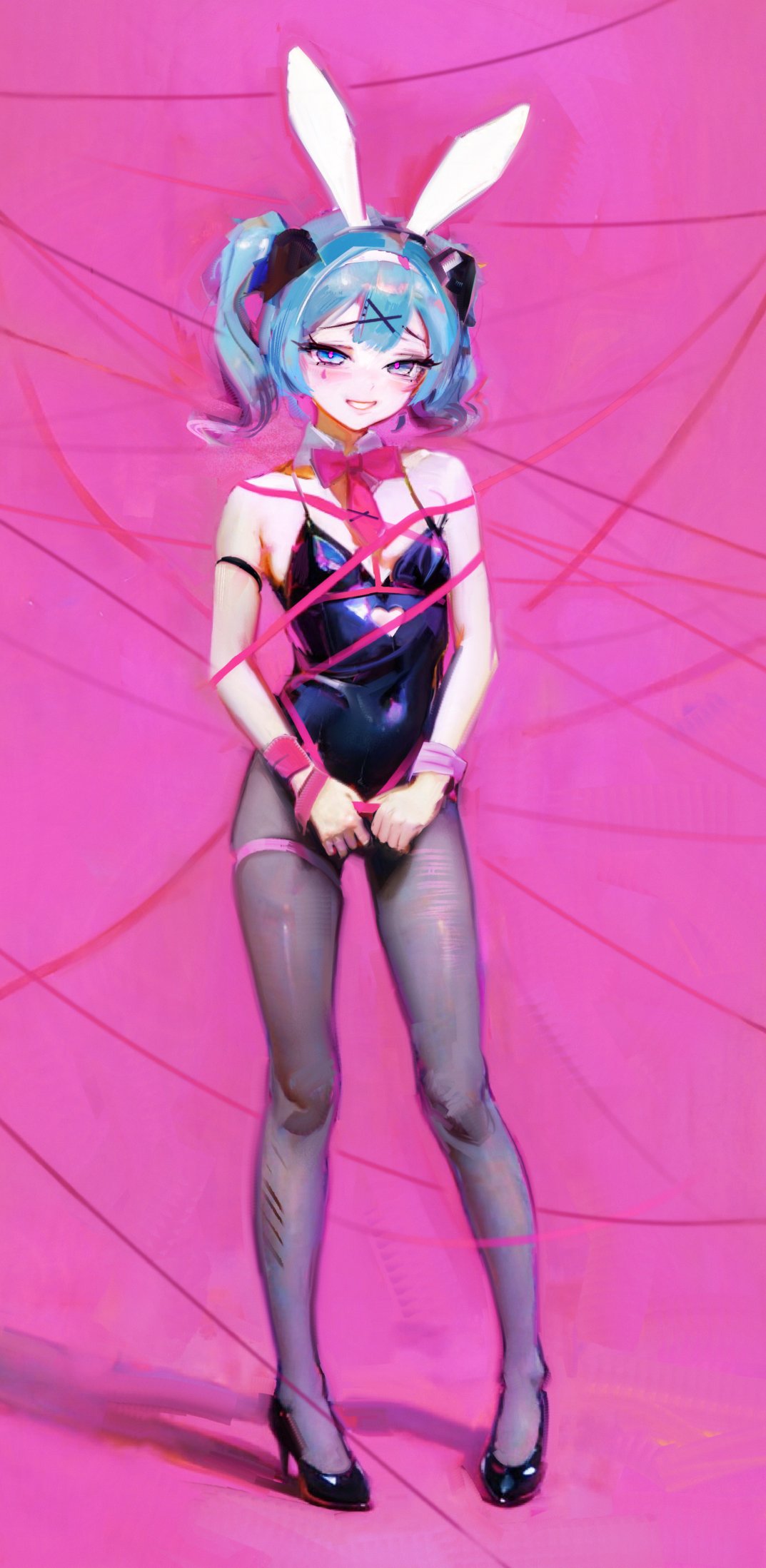 1girl alternate_costume animal_ears bare_shoulders black_footwear black_leotard blue_eyes blue_hair breasts clothing_cutout covered_navel entangled fake_animal_ears full_body hair_ornament hashtag_only_commentary hatsune_miku heart_cutout high_heels highres leotard looking_at_viewer own_hands_together pantyhose pink_background pink_ribbon playboy_bunny rabbit_ears rabbit_hole_(vocaloid) ribbon short_twintails small_breasts smile solo spaghetti_strap standing sweetonedollar twintails vocaloid x_hair_ornament