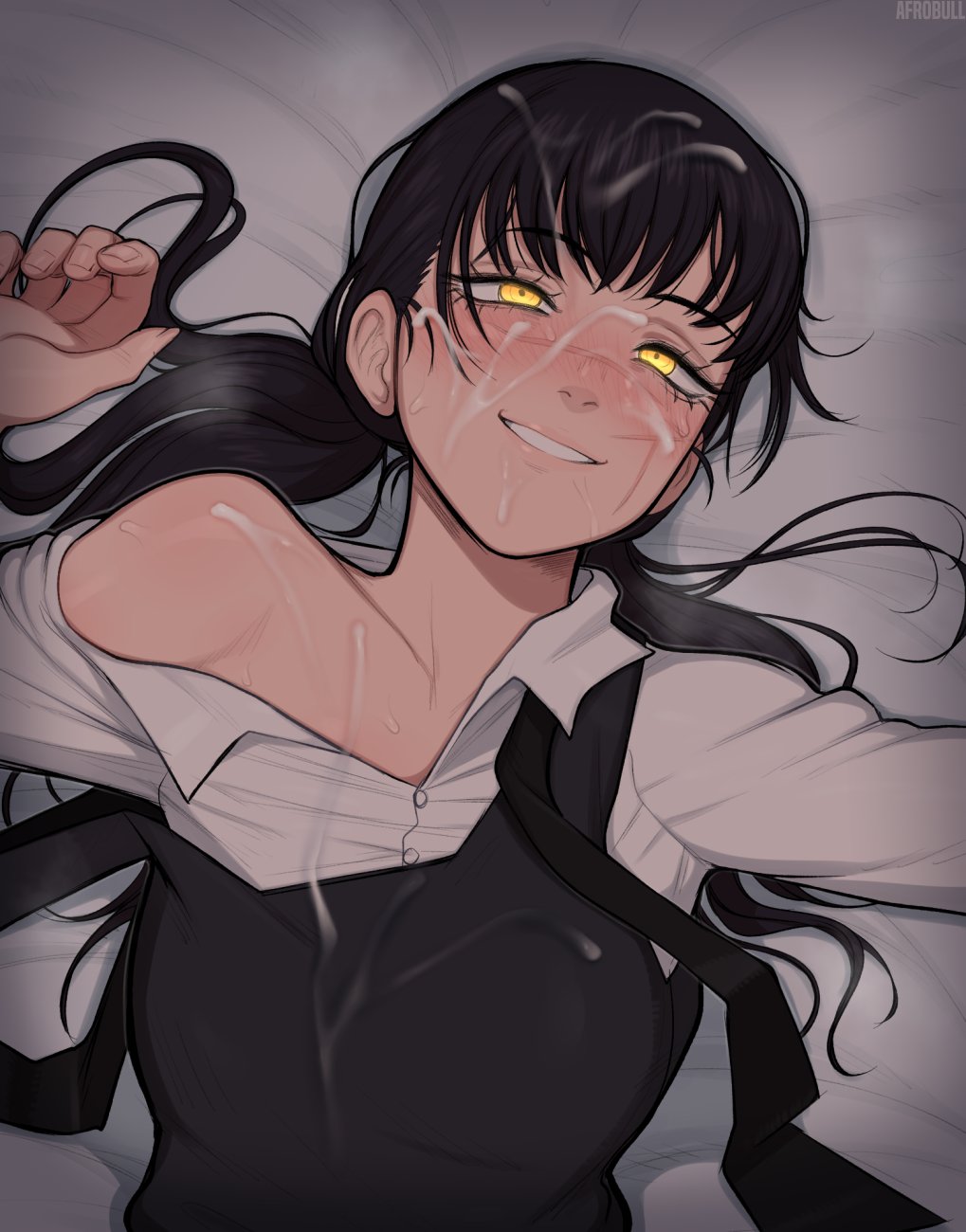 1girl afrobull after_sex black_hair blush breasts buttons chainsaw_man collared_shirt cum cum_on_body cum_on_breasts cum_on_hair facial highres long_hair messy_hair mitaka_asa open_mouth rolling_eyes school_uniform shirt smile solo upper_body white_shirt yellow_eyes