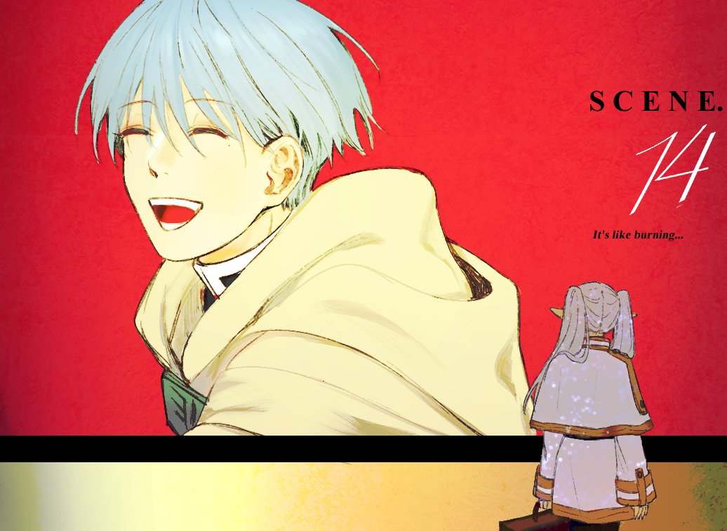 1boy 1girl billboard blue_hair cape capelet chamwa closed_eyes commentary dress elf english_text frieren himmel_(sousou_no_frieren) holding holding_suitcase long_hair long_sleeves looking_at_another meme open_mouth pointy_ears short_hair smile sousou_no_frieren suitcase twintails veil_scene_14_redraw_(meme) white_cape white_capelet white_dress white_hair