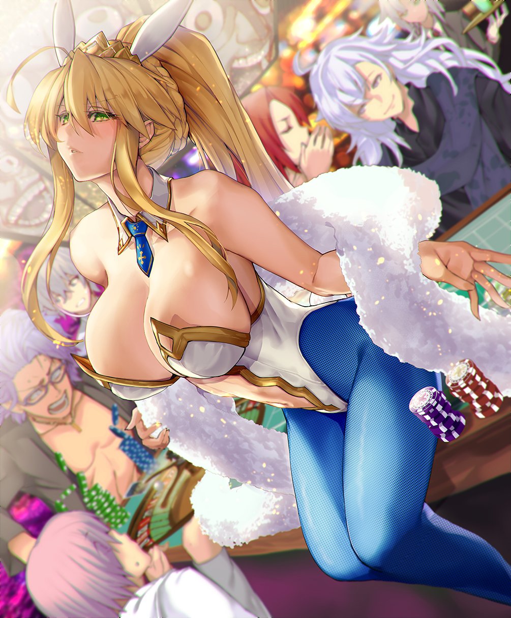 animal_ears artoria_pendragon_(all) artoria_pendragon_(lancer) artoria_pendragon_(swimsuit_ruler)_(fate) bare_shoulders blonde_hair blue_legwear breasts bunny_day bunny_ears bunnysuit casino casino_card_table fate/grand_order fate_(series) green_eyes hair_between_eyes highres jewelry large_breasts looking_at_viewer mash_kyrielight necklace pantyhose satou_daiji sitting