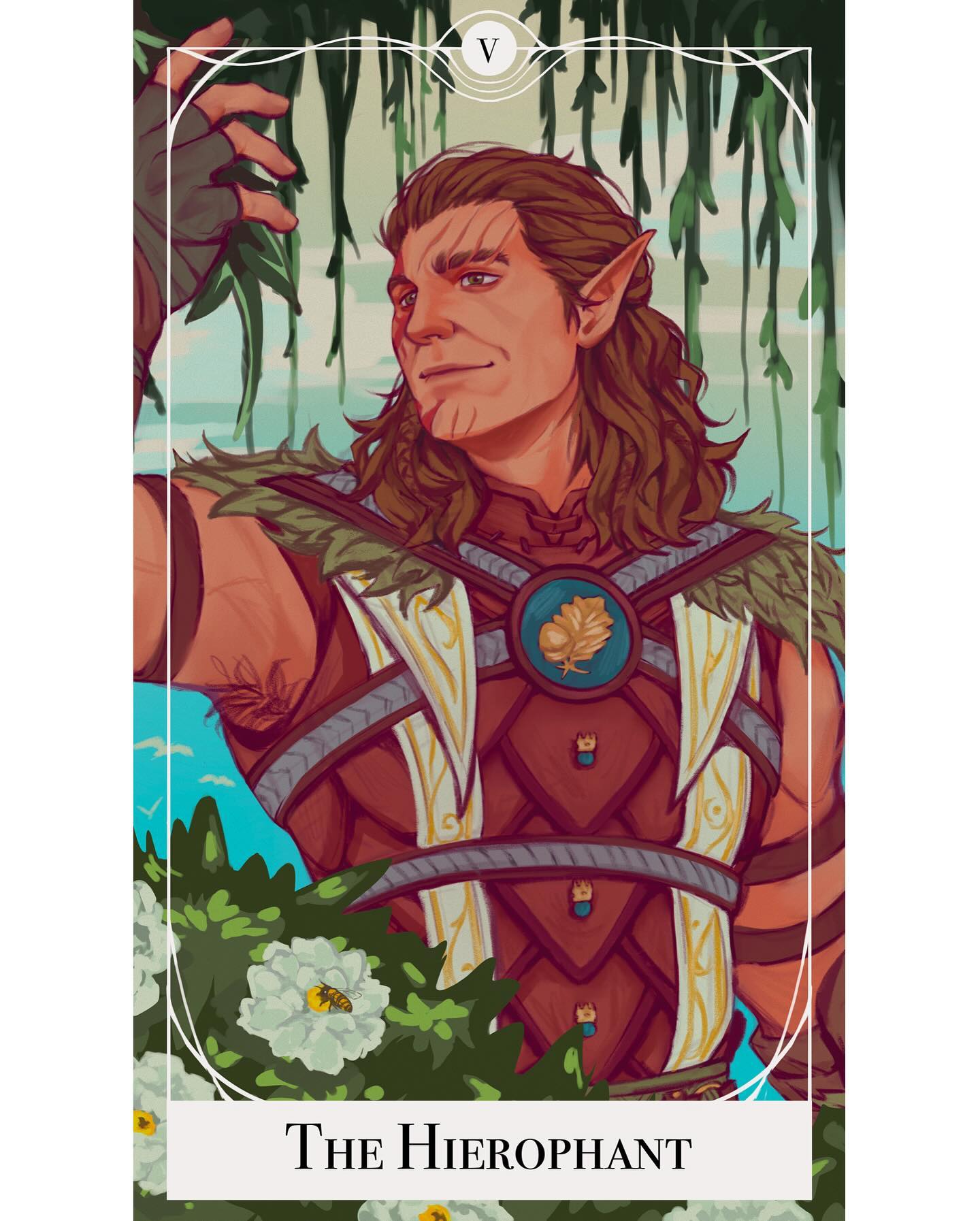 1boy arm_up armpit_hair armpits baldur's_gate baldur's_gate_3 brown_hair card_(medium) dark-skinned_male dark_skin dungeons_and_dragons elf halsin highres male_focus mature_male medium_hair muscular muscular_male nature pointy_ears sleeveless smile solo tarot tarot_(medium) the_hierophant_(tarot) thick_eyebrows thom_sketching tribal turning_head upper_body