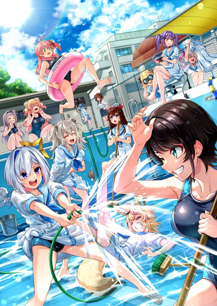 6+girls ahoge amane_kanata barefoot binoculars black_hair blonde_hair breasts broom brown_hair buru-dai crossed_legs empty_pool fallen_down grey_hair holding holding_hose holohoneygaoka_high_school_uniform holohoneygaoka_koukou hololive hose innertube inugami_korone laughing momosuzu_nene multiple_girls murasaki_shion natsuiro_matsuri omaru_polka oozora_subaru pink_hair pool purple_hair school_swimsuit school_uniform shirogane_noel shishiro_botan smile splashing swim_ring swimsuit tokino_sora tokoyami_towa tsunomaki_watame twintails virtual_youtuber