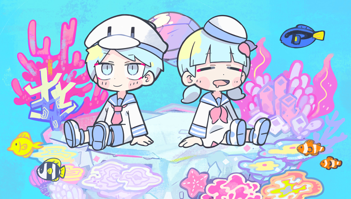 1boy 1girl animal_hat blue_background blue_eyes blue_hair blue_sailor_collar blunt_bangs blush_stickers boots character_request closed_eyes closed_mouth clownfish collared_shirt commentary_request copyright_request coral deformed drooling duck_hat fish full_body hands_on_ground hat hat_ribbon long_sleeves looking_ahead low_twintails miniskirt neckerchief necktie open_mouth polka_dot_footwear red_neckerchief red_necktie red_ribbon ribbon sailor sailor_collar sailor_hat sailor_shirt shirt short_hair short_twintails shorts simple_background sitting skirt skirt_set smile starfish terada_tera turtle_shell twintails underwater white_footwear white_headwear white_shirt white_shorts white_skirt white_sleeves