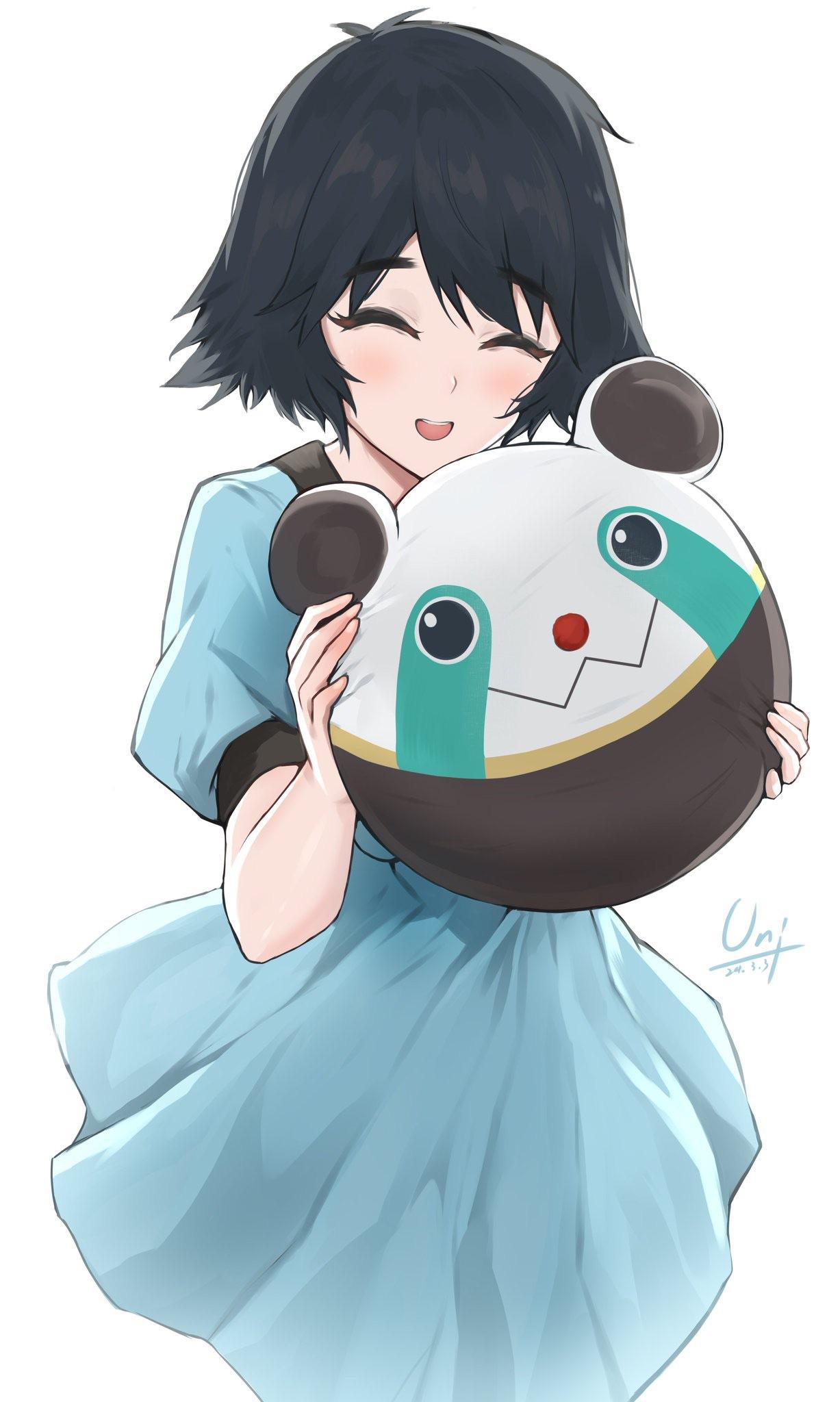 1girl black_hair blue_dress closed_eyes dress highres holding non-web_source shiina_mayuri short_hair short_sleeves signature smile solo steins;gate stuffed_toy upa_(steins;gate) white_background