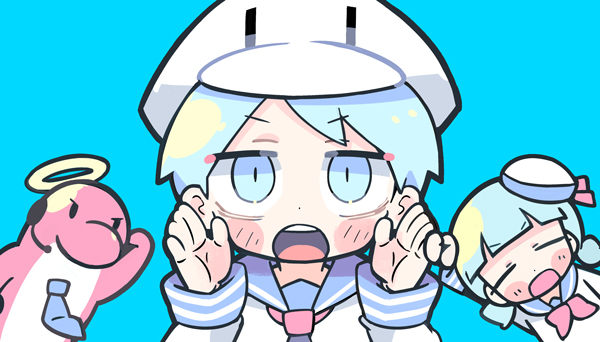 1boy 1girl animal_hat black_eyes blue_background blue_eyes blue_hair blue_necktie blue_sailor_collar blunt_bangs blush_stickers character_request closed_eyes collared_shirt commentary_request copyright_request dolphin duck_hat fist_pump halo hand_on_own_head hat hat_ribbon headpiece long_sleeves looking_at_viewer low_twintails neckerchief necktie open_mouth red_neckerchief red_ribbon ribbon sailor sailor_collar sailor_hat sailor_shirt shirt short_hair short_twintails simple_background solid_eyes straight-on teeth terada_tera twintails upper_body upper_teeth_only v-shaped_eyebrows white_halo white_headwear white_shirt white_sleeves