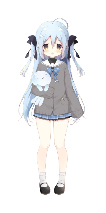 1girl :d ahoge black_footwear black_ribbon blue_bow blue_hair blue_skirt blush bow cardigan crescent full_body gradient_hair grey_cardigan hair_between_eyes hair_ribbon holding holding_stuffed_toy long_hair long_sleeves looking_at_viewer mary_janes multicolored_hair muri_(virtuareal) nijisanji official_art open_mouth pink_hair plaid plaid_bow plaid_skirt pleated_skirt ribbon sailor_collar shiratama_(shiratamaco) shoes skirt smile socks solo standing stuffed_toy tachi-e two_side_up virtual_youtuber virtuareal white_sailor_collar white_socks yellow_eyes