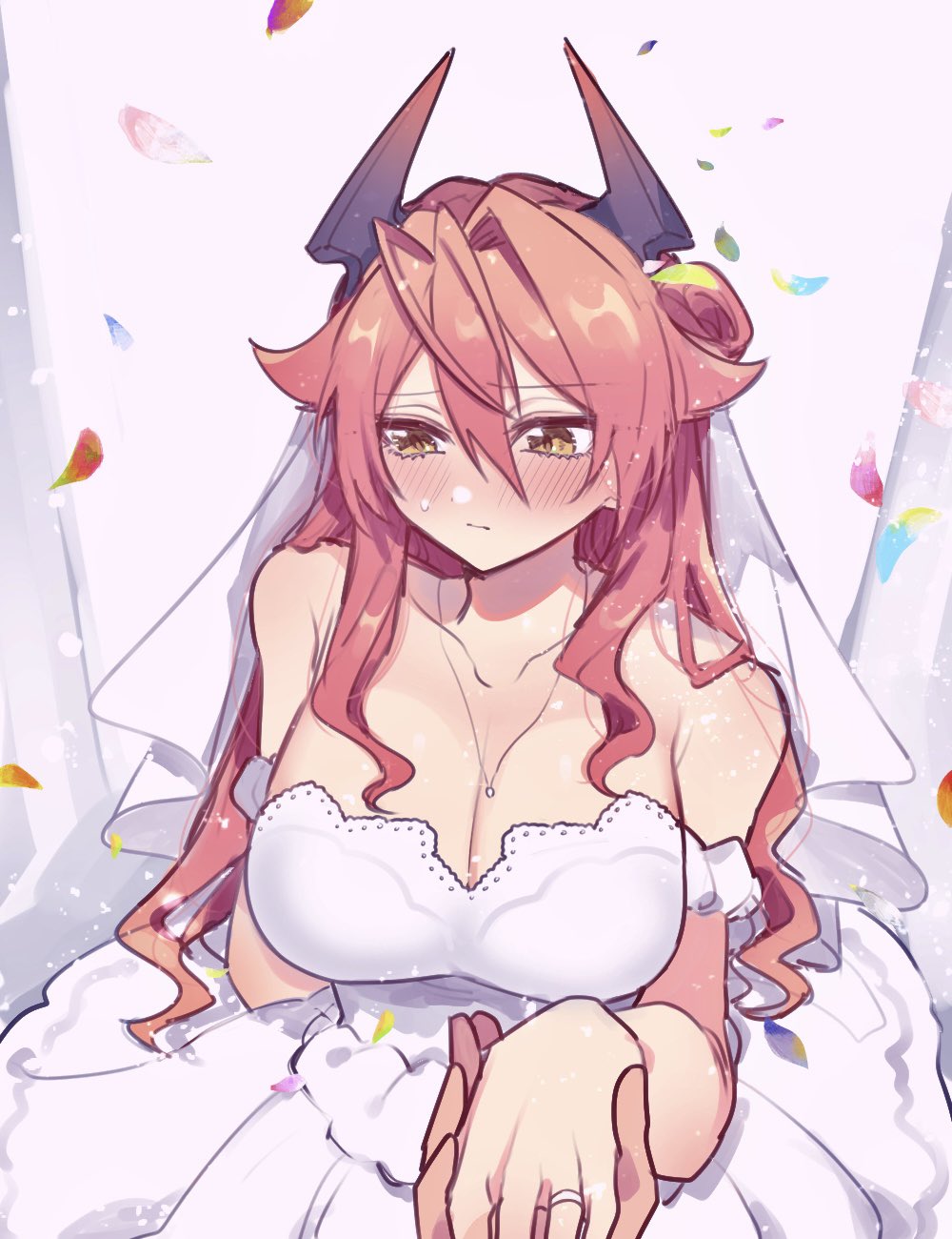 1girl bare_shoulders breasts bridal_veil cleavage dress falling_petals goddess_of_victory:_nikke highres horns jewelry mechanical_horns miko_(uuua12u) necklace petals pov red_hair red_hood_(nikke) ring taking_another's_hand veil wedding wedding_dress wedding_ring white_dress yellow_eyes