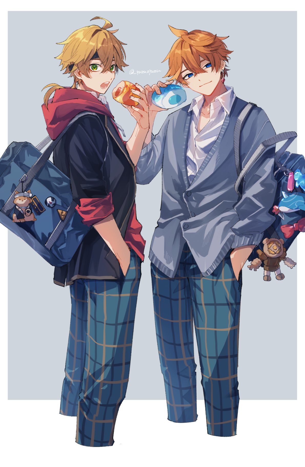 2boys ahoge bag bag_charm black_headband black_jacket blonde_hair blue_bag blue_cardigan blue_eyes blue_pants border bow buttons cardigan charm_(object) closed_mouth collarbone collared_shirt commentary_request cropped_legs crossed_bangs drawstring earrings food food_request genshin_impact green_eyes grey_background hair_between_eyes hand_in_pocket hand_up head_tilt headband highres holding holding_food hood hood_down hoodie jacket jewelry lapels long_hair long_sleeves looking_at_viewer looking_to_the_side low_ponytail male_focus multiple_boys open_clothes open_jacket open_mouth orange_hair outside_border pants plaid plaid_pants ponytail red_bow red_hoodie ruin_guard_(genshin_impact) sakura_0270 school_bag school_uniform shirt short_hair shoulder_bag sidelocks simple_background single_earring sleeves_rolled_up taroumaru_(genshin_impact) tartaglia_(genshin_impact) teeth thoma_(genshin_impact) thoma_(gigo)_(genshin_impact) white_border white_shirt wing_collar