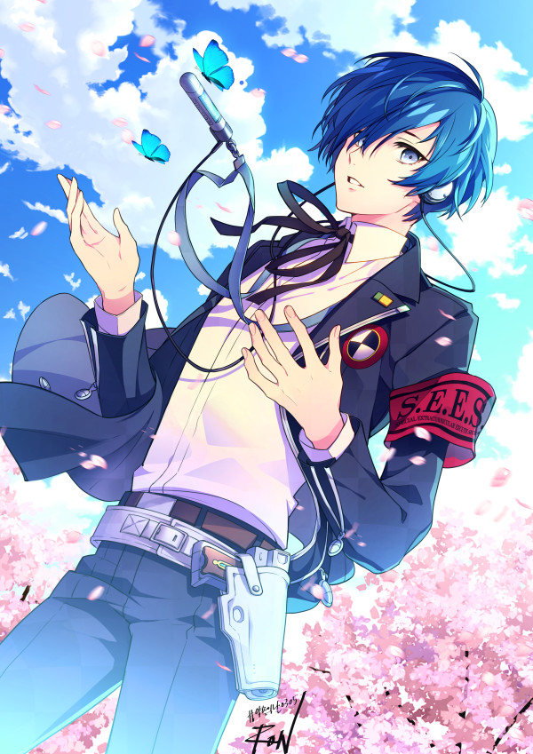 1boy armband belt black_jacket black_pants black_ribbon blue_butterfly blue_eyes blue_hair blue_sky bug butterfly cherry_blossoms cloud cloudy_sky collared_shirt commentary_request cowboy_shot digital_media_player earphones evoker falling_petals gekkoukan_high_school_uniform hair_over_one_eye jacket long_sleeves looking_at_viewer lovechro male_focus neck_ribbon open_clothes open_hands open_jacket outdoors pants parted_lips persona persona_3 petals ribbon s.e.e.s school_uniform shirt short_hair sky solo white_shirt yuuki_makoto_(persona_3)
