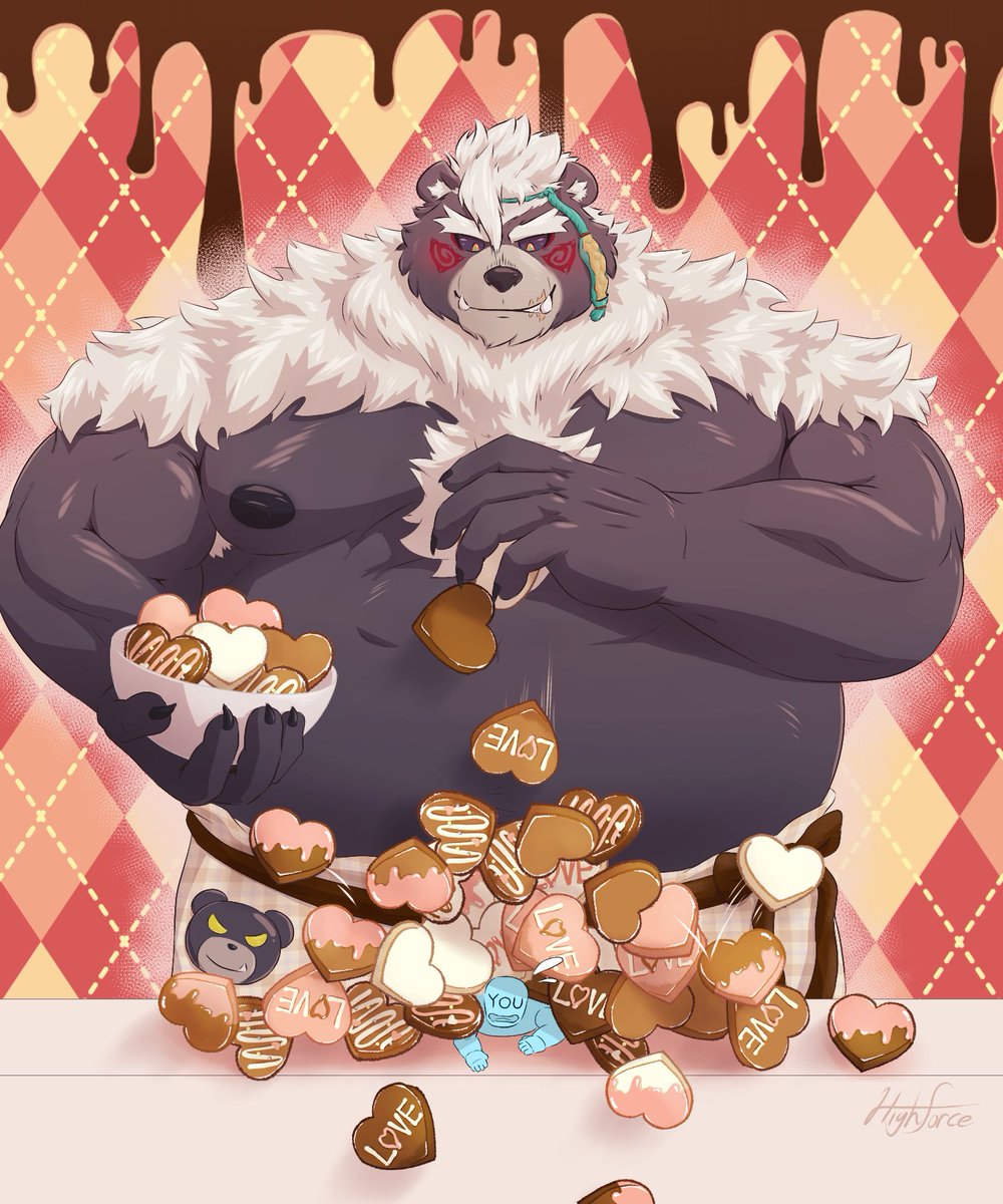 anthro belly black_body black_fur candy chocolate cookie dessert duo eyebrows food fur hi_res highforce059 holidays lifewonders male micro musclegut muscular navel nipples pecs size_difference thick_eyebrows tokyo_afterschool_summoners valentine's_day wen_kamui_(tas)