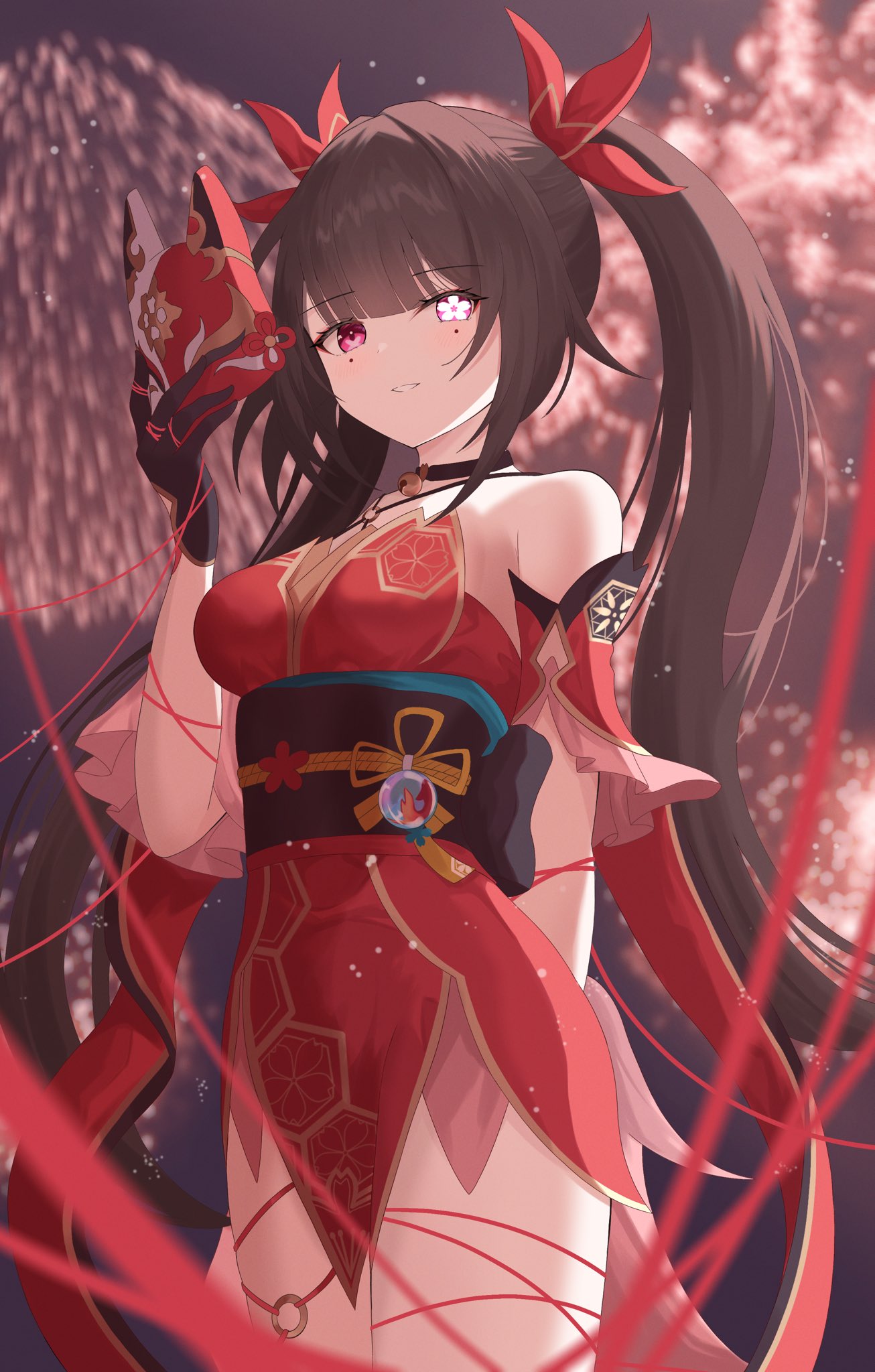 1girl :d arm_behind_back bare_shoulders bell black_choker bow brown_hair choker cowboy_shot detached_sleeves dress fireworks flower-shaped_pupils fox_mask glowing glowing_eye grin hair_bow highres holding holding_mask honkai:_star_rail honkai_(series) legs_together long_hair looking_at_viewer mask nanashi1329 neck_bell night obi open_mouth outdoors pelvic_curtain pink_eyes red_bow red_dress red_sleeves sash short_dress short_sleeves sleeveless sleeveless_dress smile solo sparkle_(honkai:_star_rail) symbol-shaped_pupils teeth thighs twintails very_long_hair