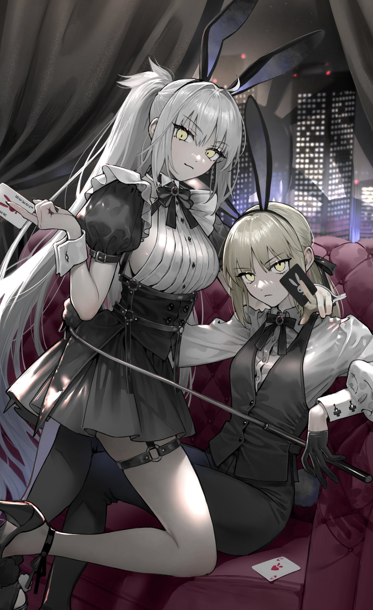 2girls animal_ears artoria_pendragon_(fate) bow bowtie breasts building card commentary_request couch fake_animal_ears fake_tail fate/grand_order fate_(series) gloves grey_hair high_heels highres holding holding_card holding_whip jeanne_d'arc_alter_(avenger)_(fate) jeanne_d'arc_alter_(fate) long_sleeves looking_at_viewer maid medium_breasts multiple_girls night nipi27 on_couch playboy_bunny ponytail rabbit_ears rabbit_tail saber_alter shadow short_sleeves sitting skyscraper suit tail vest whip window wrist_cuffs yellow_eyes