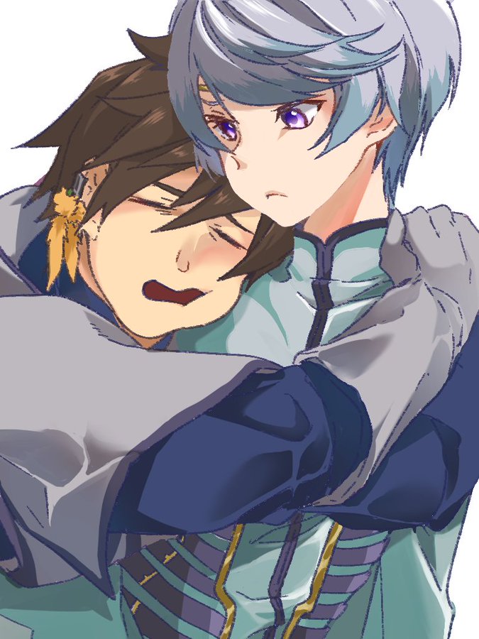 2boys blue_hair brown_hair cheek_squash circlet closed_eyes commentary_request earrings feather_earrings feathers gloves grey_hair hug hug_from_behind jewelry looking_at_another male_focus mikleo_(tales) multiple_boys nezumi_0141 open_mouth purple_eyes short_hair sketch sorey_(tales) swept_bangs tales_of_(series) tales_of_zestiria upper_body white_background white_gloves yaoi