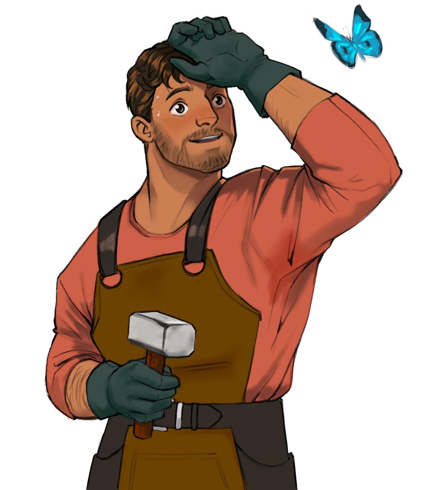 1boy arm_on_own_head bara beard_stubble belt blacksmith blush brown_hair brown_overalls bug butterfly connected_beard coral_island cowboy_shot dark-skinned_male dark_skin facial_hair gloves hammer highres holding holding_hammer is_this_a_pigeon_(meme) male_focus mature_male meme mustache_stubble overalls rafael_(coral_island) shirt short_hair smile solo stubble sweat sweaty_armpits sweaty_clothes t-shirt thick_arm_hair thick_eyebrows thom_sketching white_background